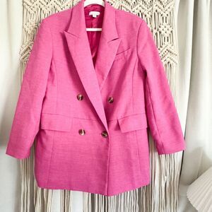 Topshop Hot Pink Blazer Size 6 Double Breasted Loose Fit Summer Office Style